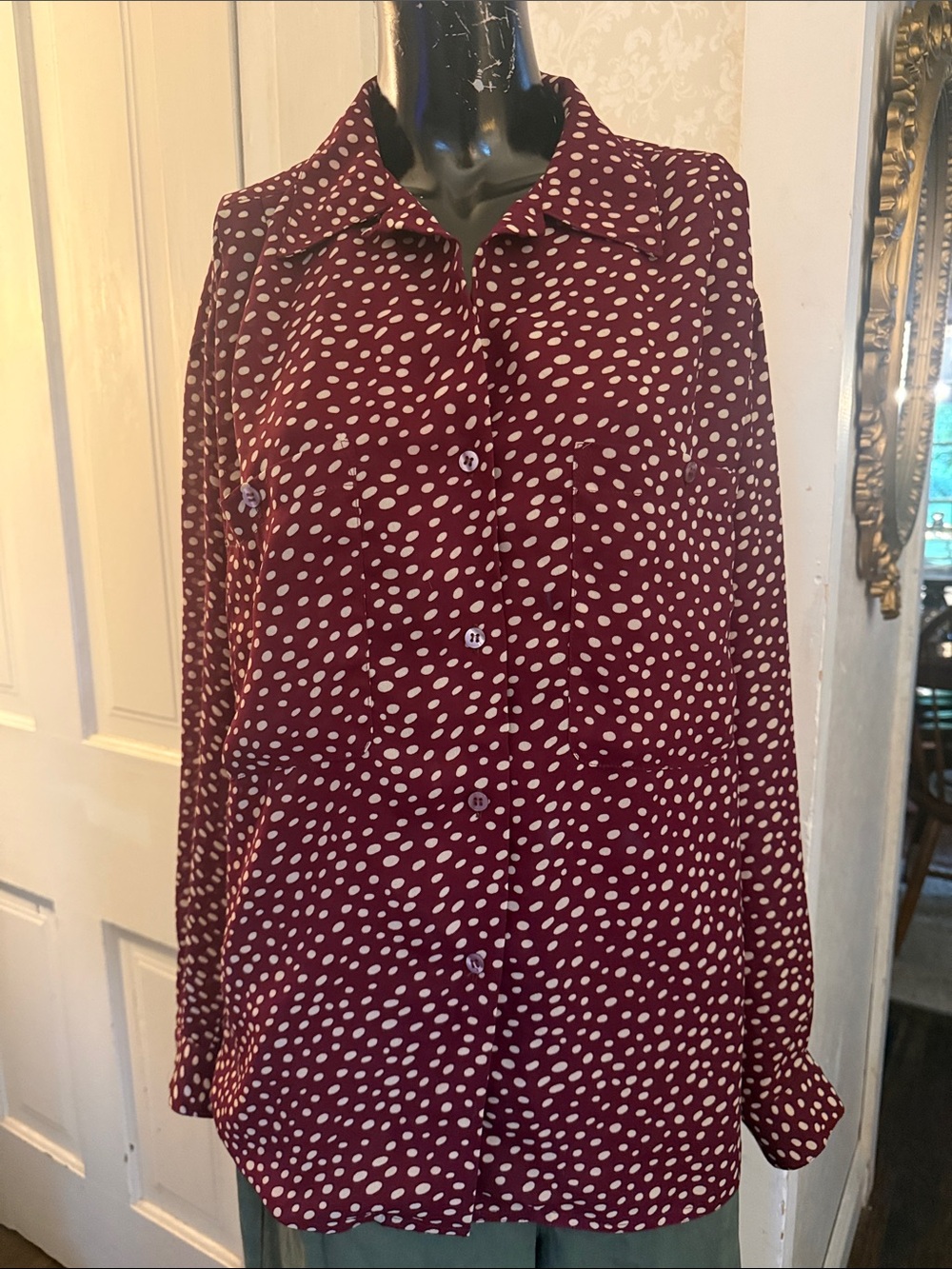 Vintage Jones New York Burgundy Buttons Oversized Polka Dot Print Blouse Medium